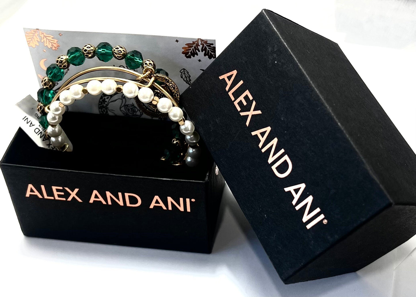 Alex and Ani - Red Rose Charm, Love, Box Set of 3, Rafaelian Gold Bracelet Bangles, NWT+Card & Box, Crystal Pearls, Swarovski Crystals Beads