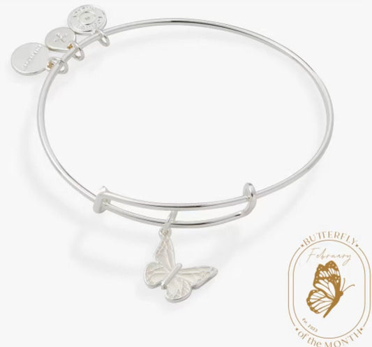 Alex and Ani - February Pearlized Butterfly of the Month, Charm Bangle, Rafaelian Silver