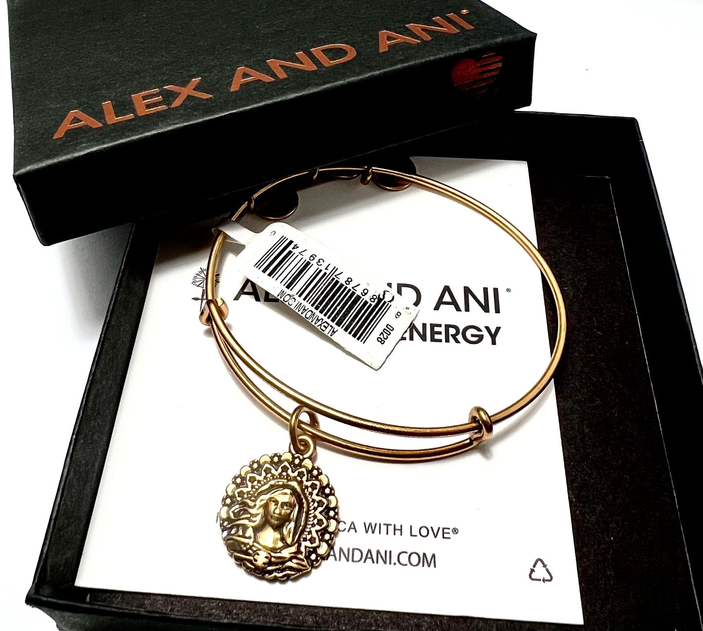 Alex and Ani - Mary Magdalena Charm, NWT+Card in Box, Spiritual, Religious Charm, Slide Adjustable Bracelet Rafaelian Gold, Gift for Her