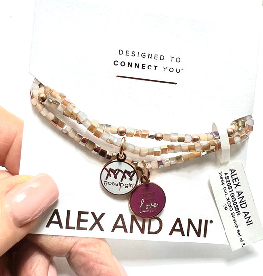 Alex and Ani - Gossip Girl Charms Set of Three, You Know You Love Me Stretchy Bracelets, NWT with  Card + Box, Collector’s Gift For Her