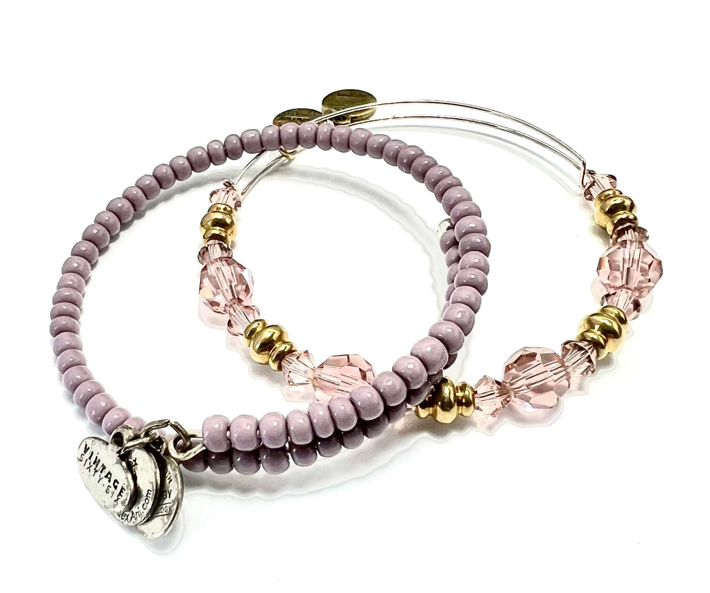 Alex and Ani - Matte Lavender Beaded Vintage 66 Wrap, Pink Swarovski Crystal w/Rafaelian Gold Beads, Bracelet Gift for Her - 2 for 1 Bundle