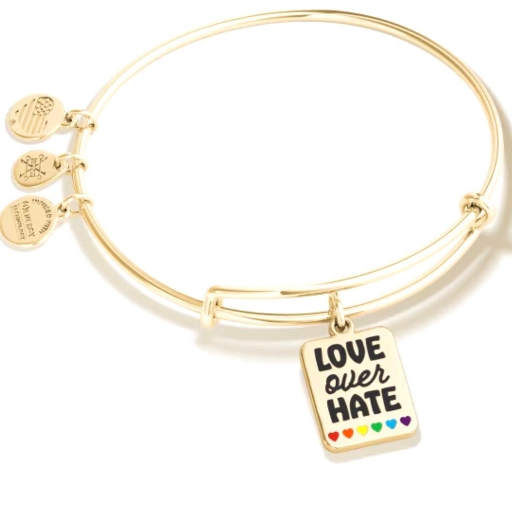 Alex and Ani - Love Over Hate Charm Bangle Bracelet, Rainbow Heart Bangle, Show Pride, Rafaelian Shiny Gold, Collector’s Gift for Her, NWOT