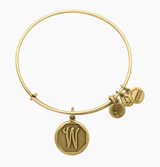 Alex and Ani - “W” Initial Bracelet Charm Bangle, Antique Gold, Rafaelian Silver® or Gold® Stackable, Adjustable Bracelet, Gift for Her NWOT