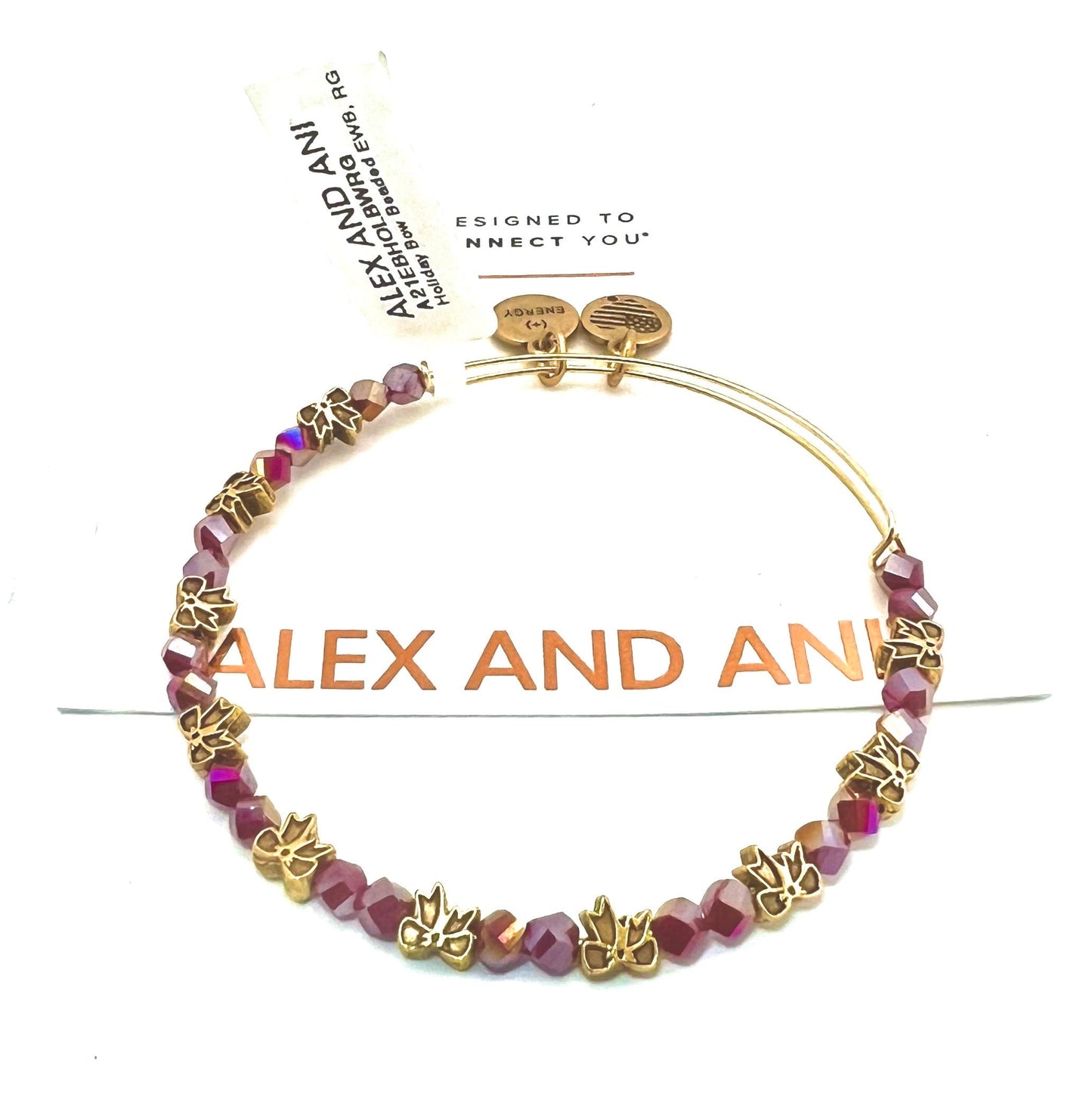 Alex and Ani - Holiday Beaded Bow Bangle Bracelet - Shiny Rafaelian Gold with Red Crystals, Adjustable, Collectable Gift for Her, NWT + Card