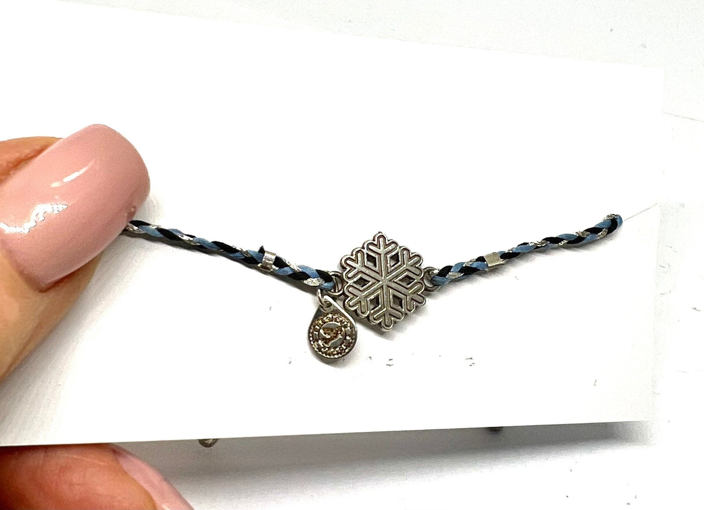 Alex and Ani - Snowflake Charm Pull Kindred Silver, Blue and Black Precious Threads Cord Bracelet, Sterling Silver, NWOT, Gift for Her