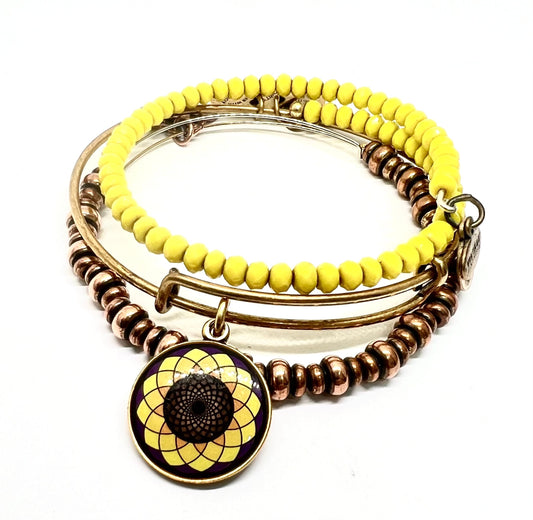 Alex and Ani - 3 Bangles Special Sale, Sunflower Charm Shiny Gold, Mango Beaded Bangle & Nile in Rose Gold