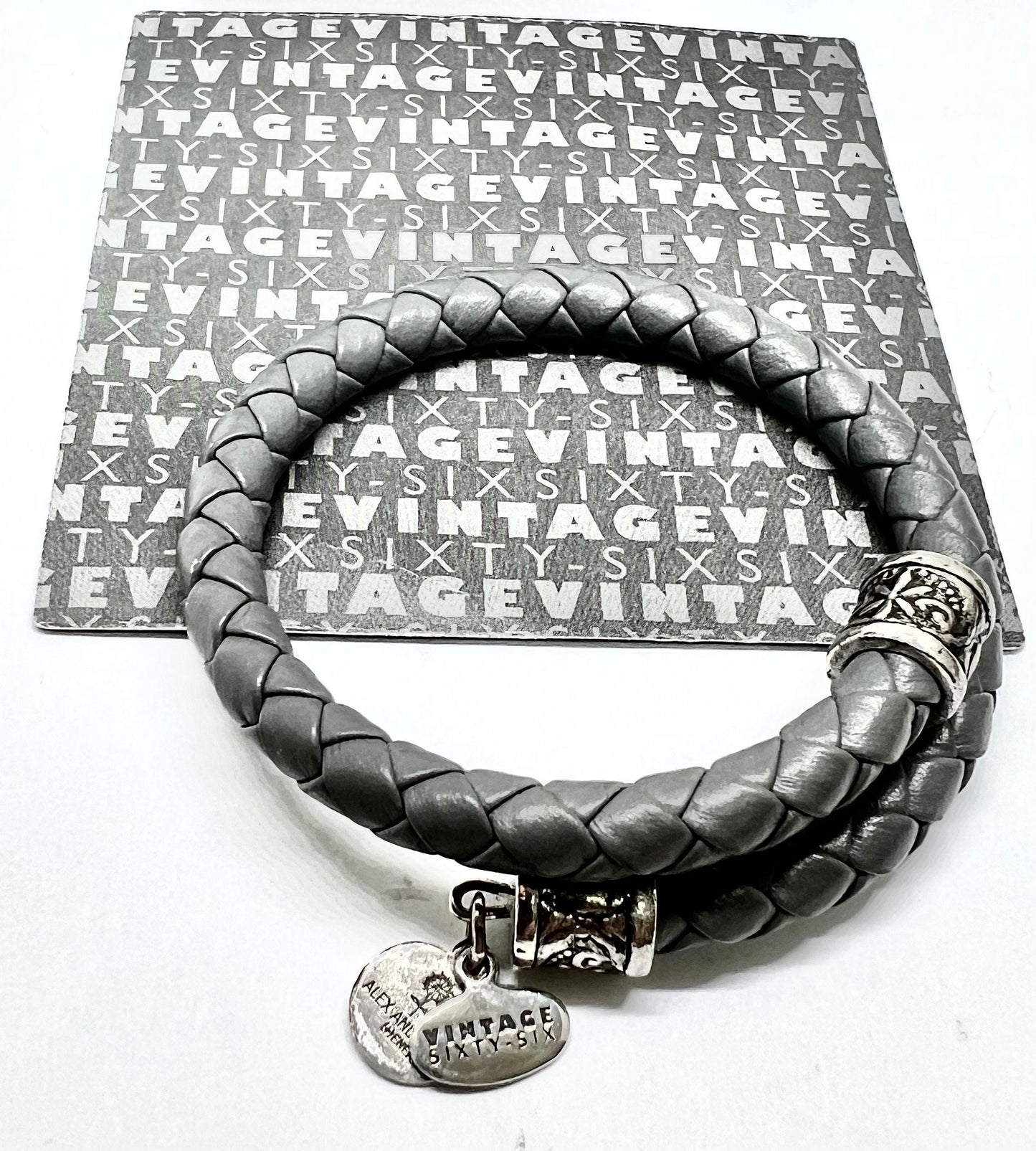 Alex and Ani - Grey Braided Leather Wrap Vintage 66 Series Bracelet Rafaelian Silver End Caps, Collectable Gift for Her, NWOT plus Card+Box