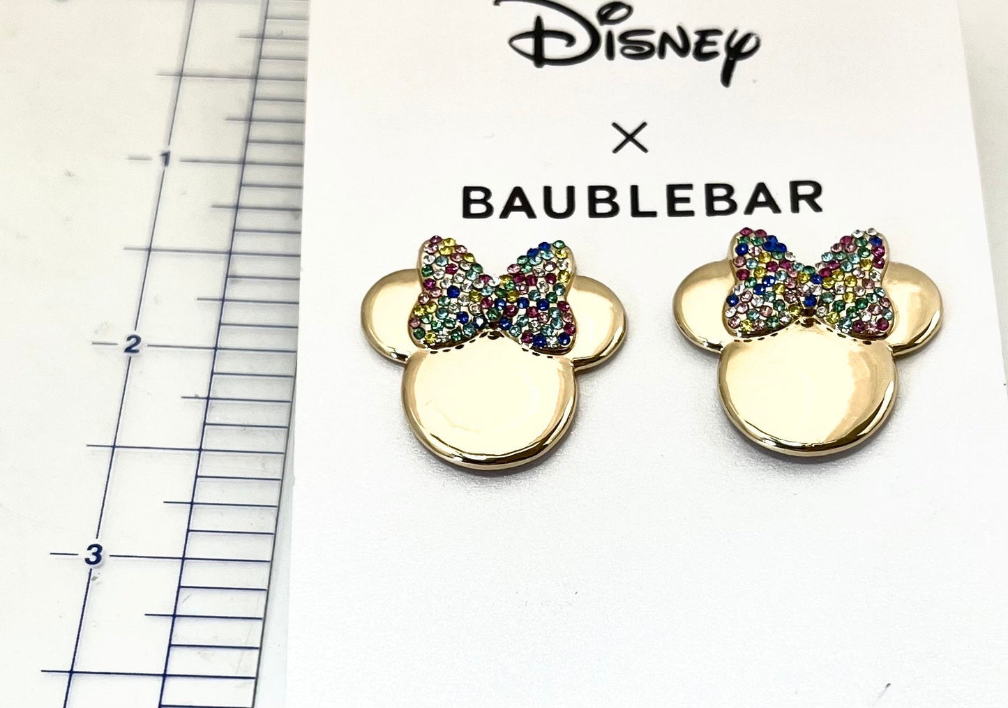 Disney X Baublebar Multicolored Minnie Mouse Silhouette Pierced Stud Earrings with Multicolored Crystal Bow, Collectable Gift For Her, NWOT