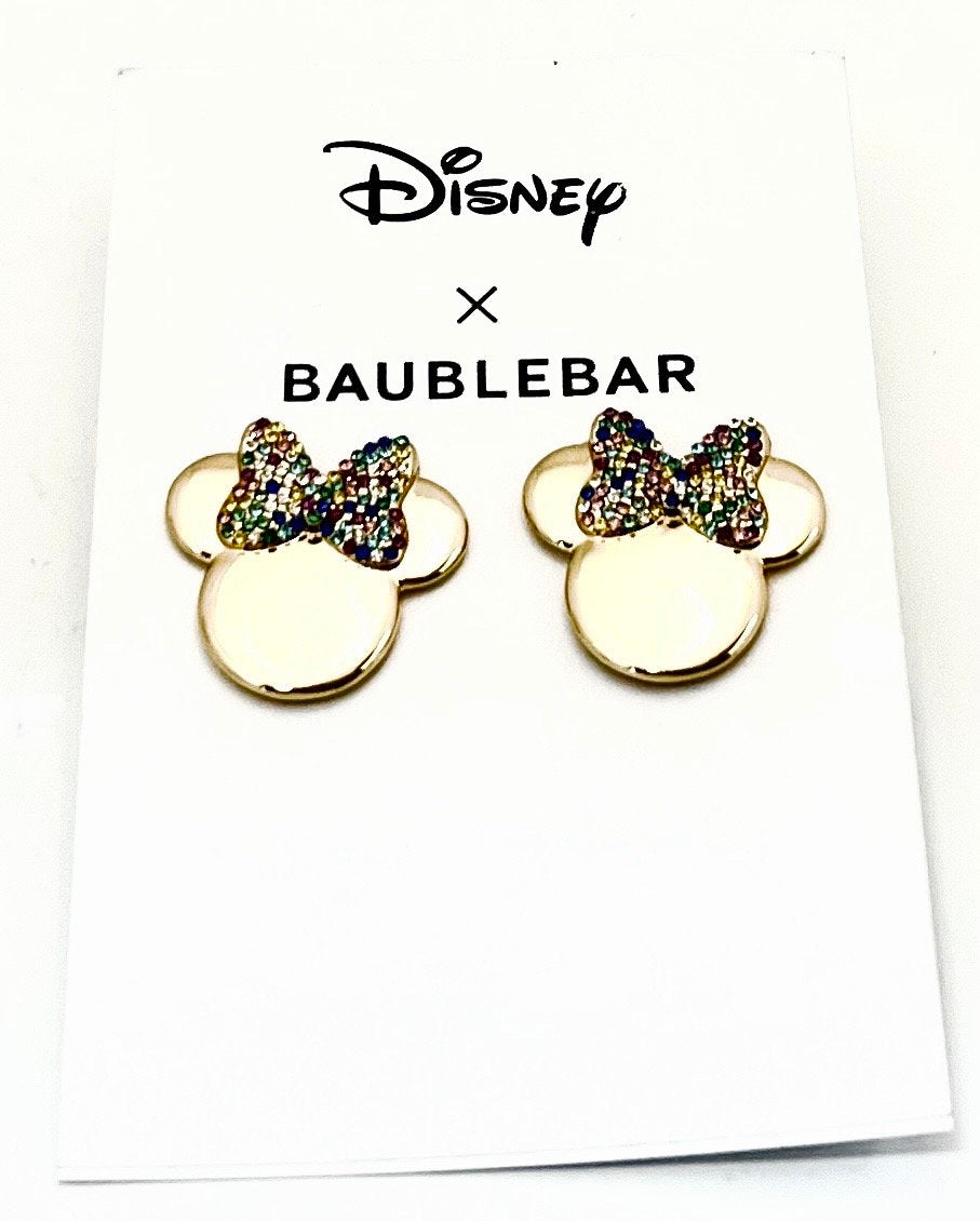 Disney X Baublebar Multicolored Minnie Mouse Silhouette Pierced Stud Earrings with Multicolored Crystal Bow, Collectable Gift For Her, NWOT