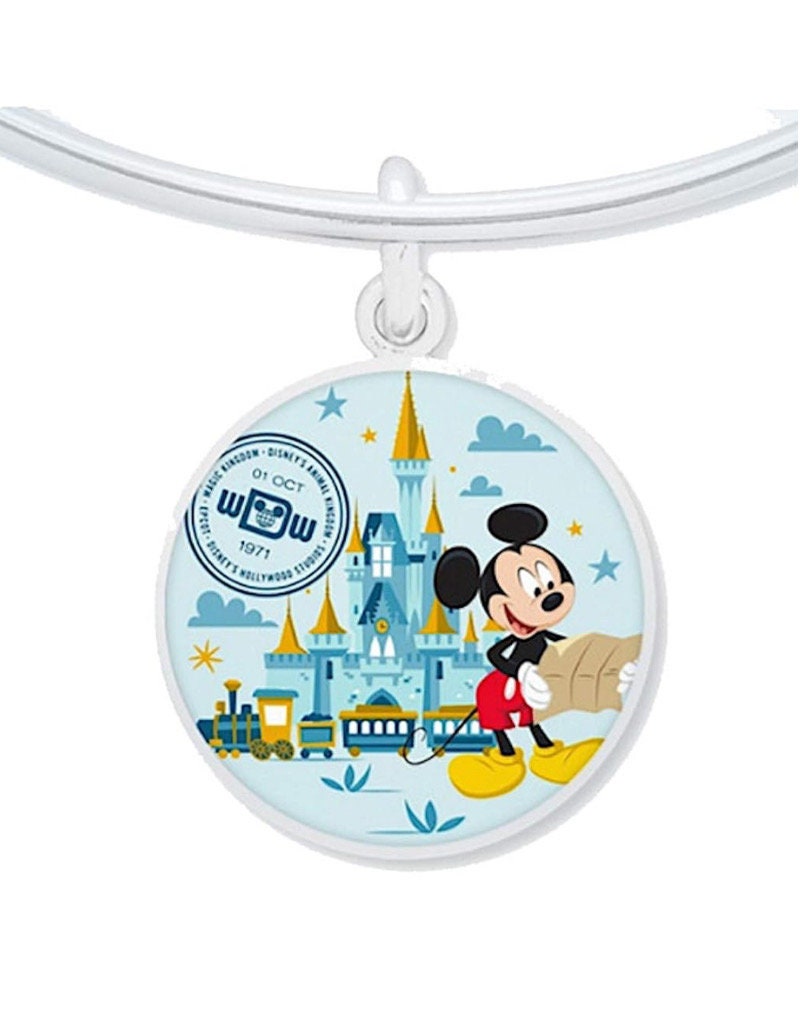 Alex and Ani - Disney Park Exclusive Bracelet - Walt Disney World, Mickey Mouse Passport, Shiny Silver Charm Bangle, Collectable Womans Gift