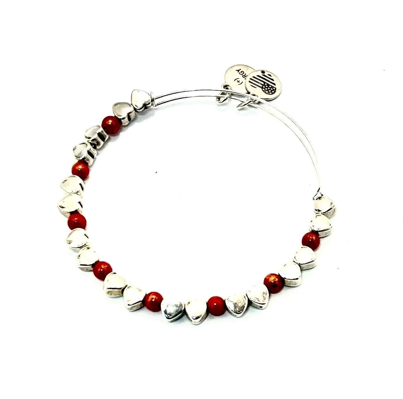 Alex and Ani - Antique Americana Heart Beaded Bangle, Red Expendable, Rafaelian Silver, Stackable, NWOT, Collectable Gift for Her