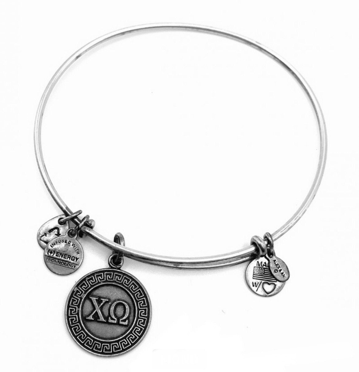 Alex and Ani - Chi Omega Charm, Expandable Wire Bangle Rafaelian Silver/Gold Adjustable Slide Bracelet, Sisterhood, Collectable Gift for Her