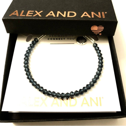 Alex and Ani - Brilliance Bead Blue Faceted Beads, Shiny Silver Bangle Bracelet, NWT + Card & Box, Expandable, Collectable Gift for Her