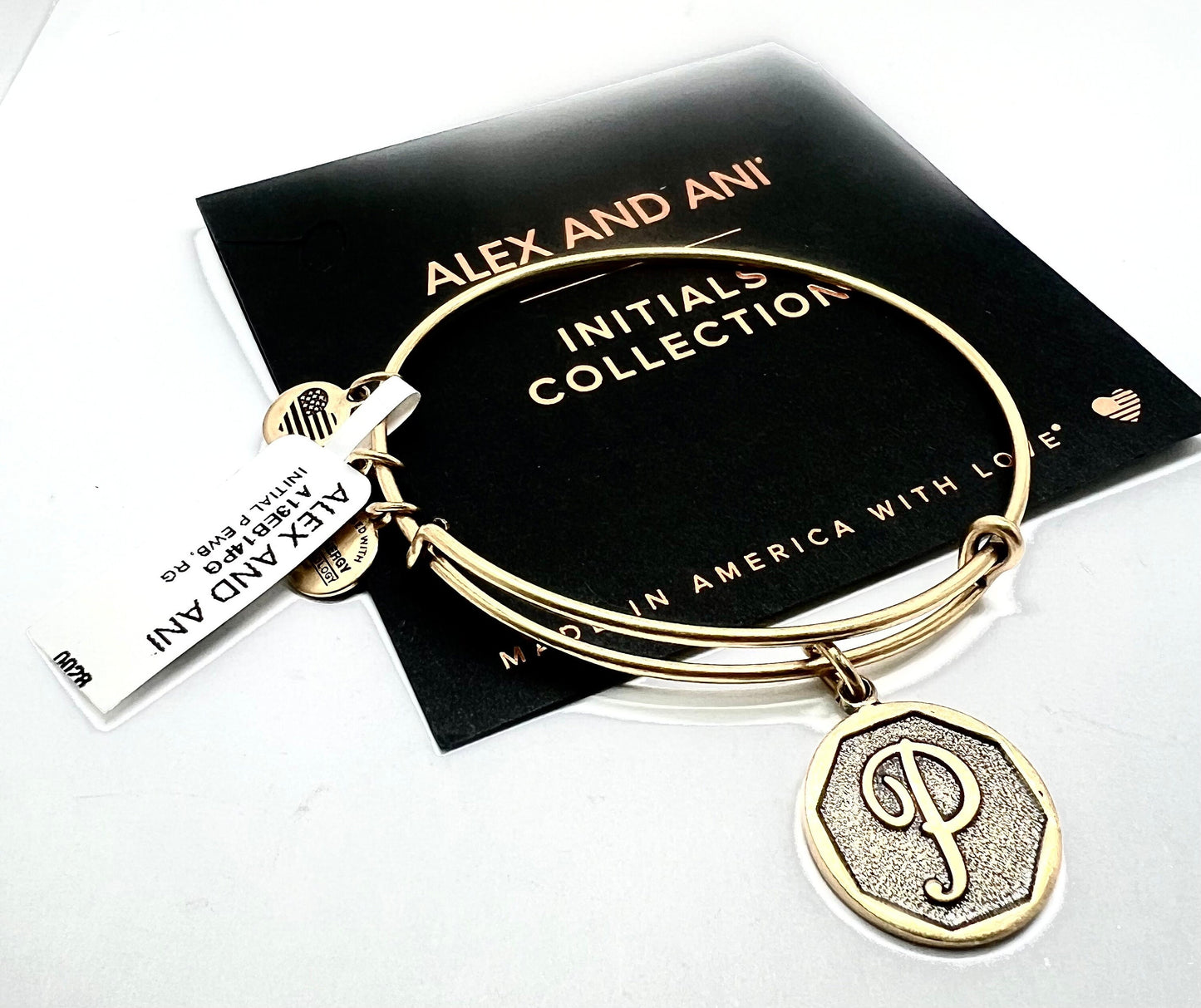 Alex and Ani - “P” Initial Charm Bangle Bracelet, NWT + Card, Rafaelian Gold/Gold, Stackable, Adjustable, Collectable Gift for Her