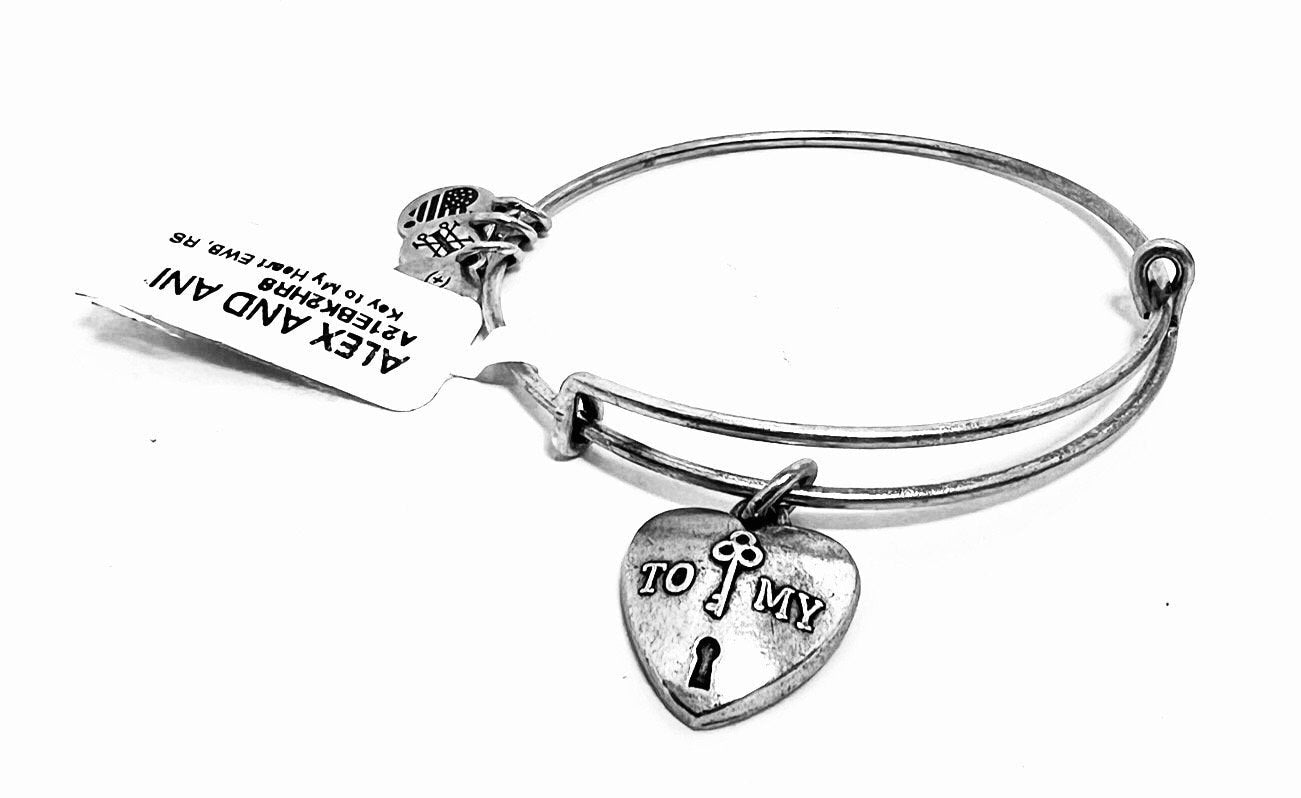 Alex and Ani - Key to My Heart Charm Bangle, Heart Lock & Key, Rafaelian Silver, Stackable, Adjustable, Collectable Gift for Her, NWT