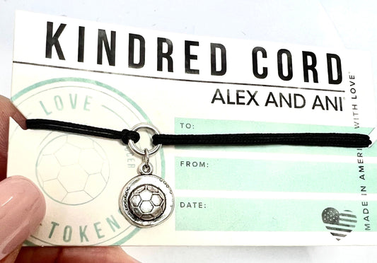 Alex and Ani - Soccer Ball Charm Kindred Pull Cord Bracelet, .925 Silver, Rafaelian Silver, Collectable Gift, Black Pull Cord, NWOT + Card