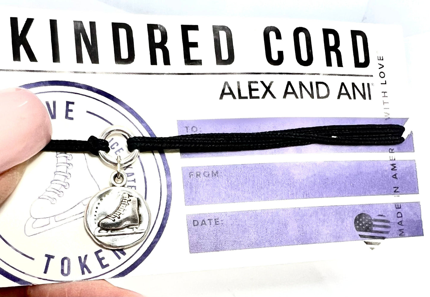 Alex and Ani - Ice Skate Charm Kindred Pull Cord Bracelet, .925 Silver, Rafaelian Silver, Collectable Gift, Black Pull Cord, NWOT + Card