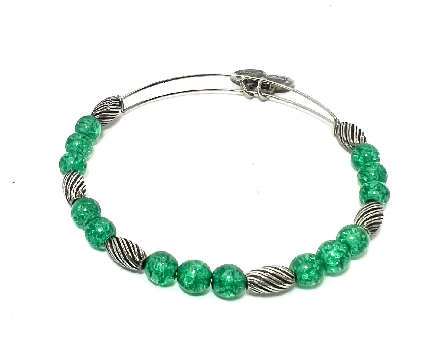 Alex and Ani - Kelly Green Crackled Glass Beaded Bangle Bracelet - Rafaelian Silver Beads, Adjustable, Collector’s Gift for Her