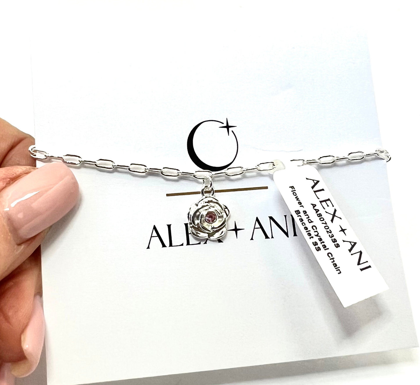 Alex and Ani - Flower & Crystal Charm on a Paperclip Chain Adjustable, Delicate Chain Shiny Silver Bracelet, NWT + Card,