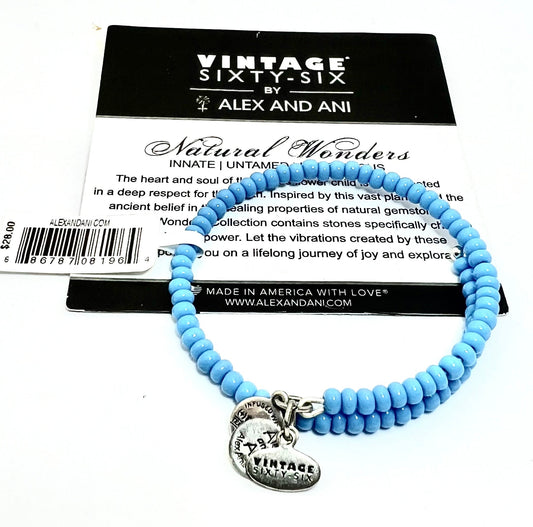 Alex and Ani - Canopy Wrap, Sea, Vintage Sixty-Six Sky Blue Glass Beaded Rafaelian Silver Wrap Bracelet