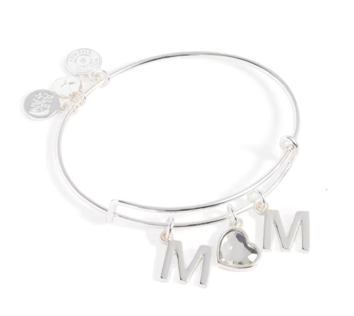 Alex and Ani - Mom Charm Bangle Silver, Swarovski Crystal, Stackable Bracelet, Collectable, For New Mothers, Mother’s Day Gift, NWT + Card