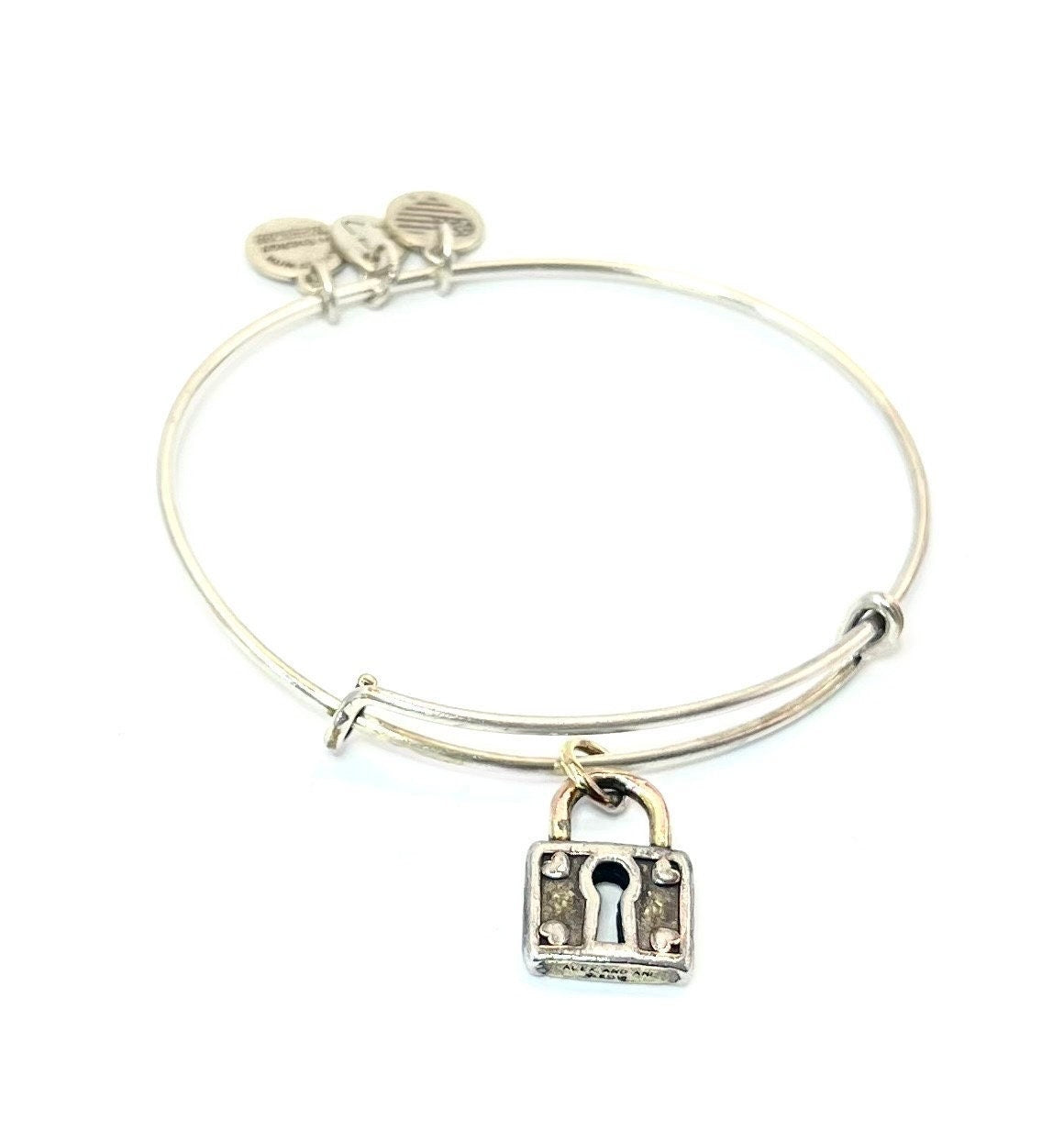 Alex and Ani - Unbreakable Lock Charm Bangle, Lock w/Hearts, Rafaelian Silver, Stackable, Gently Loved, Collectable Bracelet, Gift for Her