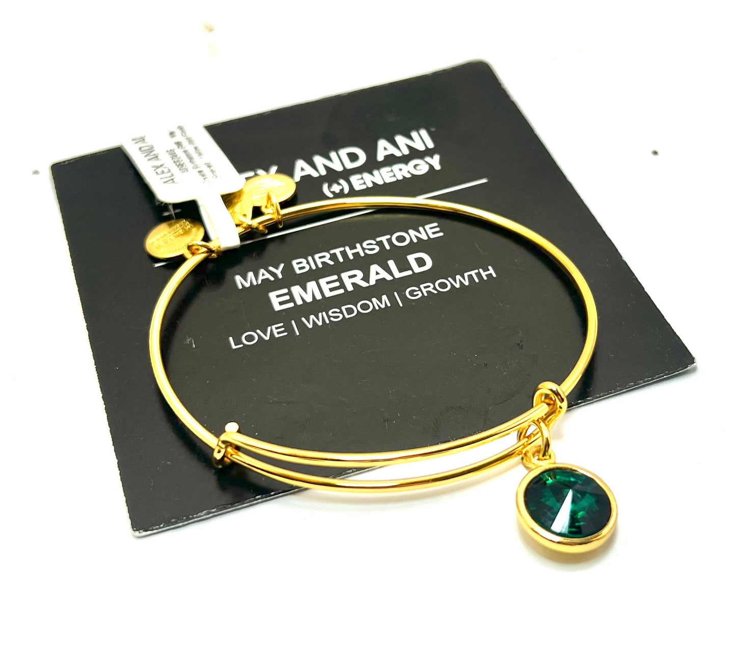 Alex and Ani - May Birthstone, Emerald Charm, Swarovski Crystal, Rafaelian Shiny Silver/Gold, NWT+ Card,NWOT+ Card, Collector's Gift for Her