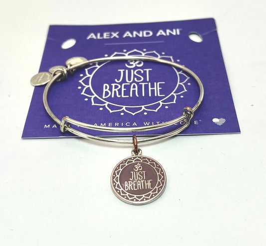 Alex and Ani - Just Breathe Charm Bangle Bracelet -  Rafaelian Silver, Adjustable, Words Have Meaning, Collectable Gift for Her, EUC + Card