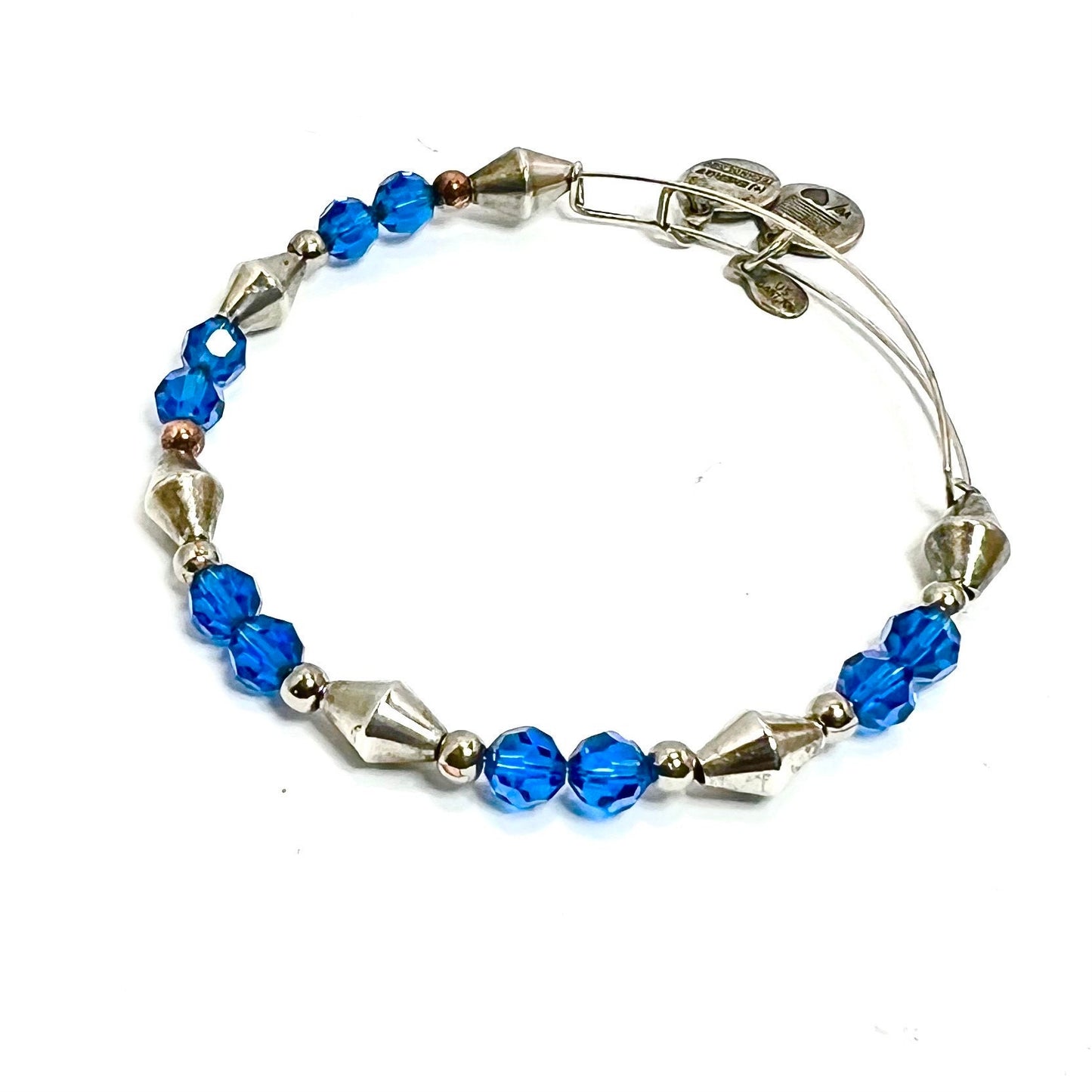 Alex and Ani - Swarovski Crystal Blue and Rafaelian Silver Beaded Bangle Bracelet, Adjustable, Collectable Gift for Her, Gently Loved