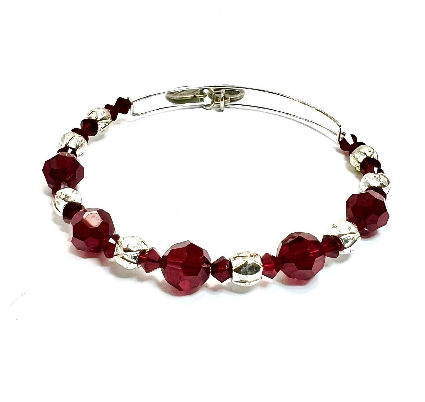 Alex and Ani - Deep Garnet Red Faceted Beads, Swarovski Crystal, Rafaelian Silver Bangle Bracelet, Adjustable, Collectable Gift for Her NWOT