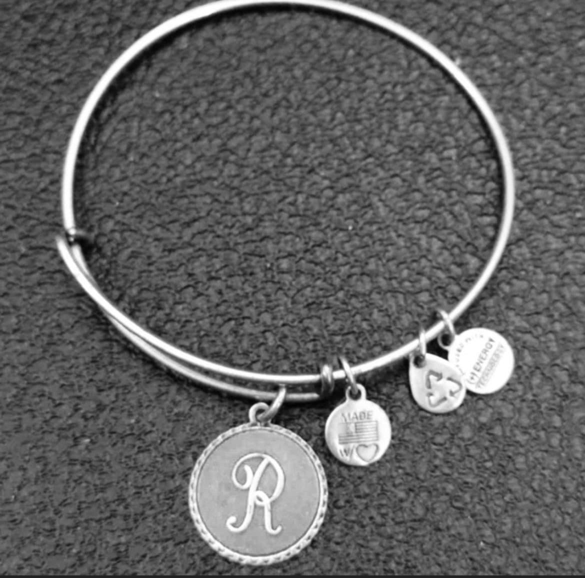 R Initial Bracelet Charm Bangle, Adjustable and Stackable, Rafaelian Gold/Silver, Collectable Gift, Retired Charm