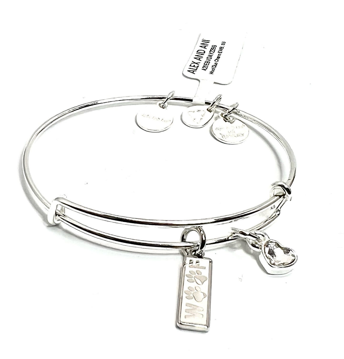 Alex and Ani - Woof Duo Charm Bangle, Swarovski Crystal, Adjustable & Stackable, Shiny Silver, Collectable Gift for A Dog Lover - NWT