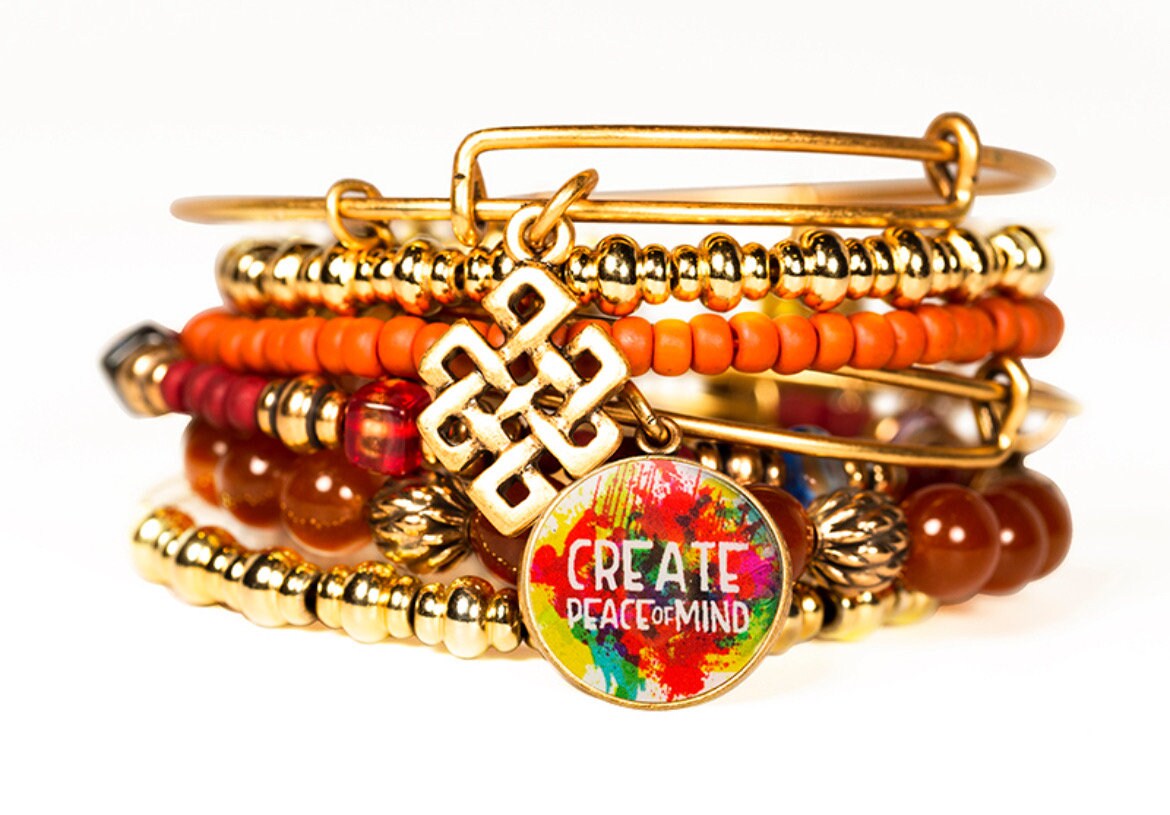 Alex and Ani - Special Sale, Create Peace of Mind Charm, Orange Beaded Bangle A Set